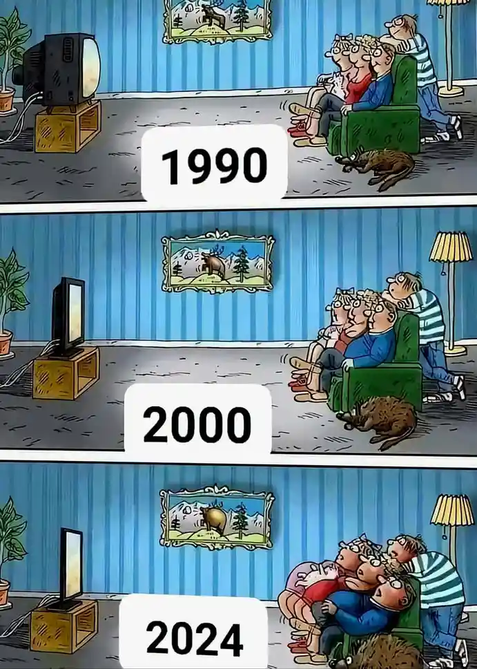 A three-panel comic strip shows a family watching TV in a living room, with the TV and room decor changing slightly over…
