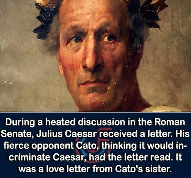 A classical portrait of a man with a stern expression and laurel wreath, overlaid with text describing a historical anecdote…