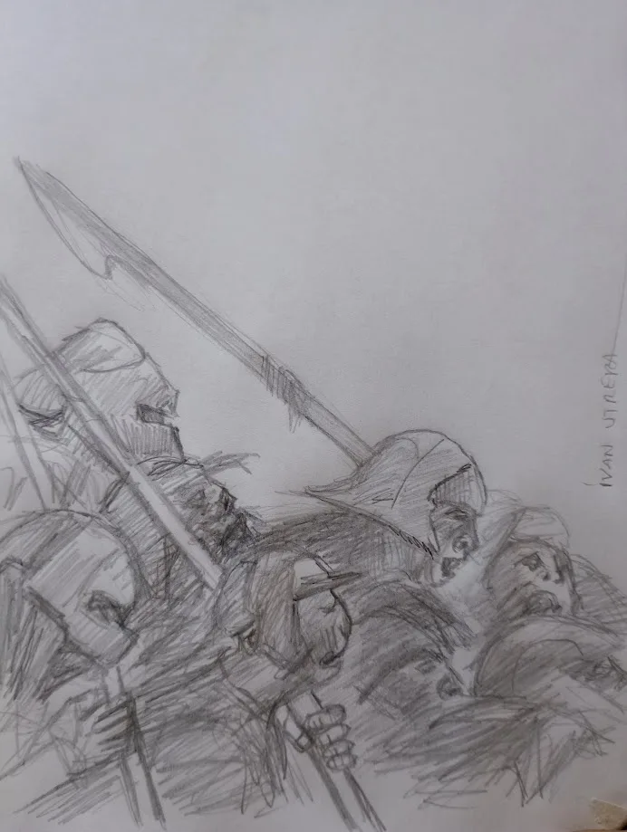A rough pencil sketch depicts several armored soldiers in a chaotic, crowded battle scene, some wielding spears and swords…