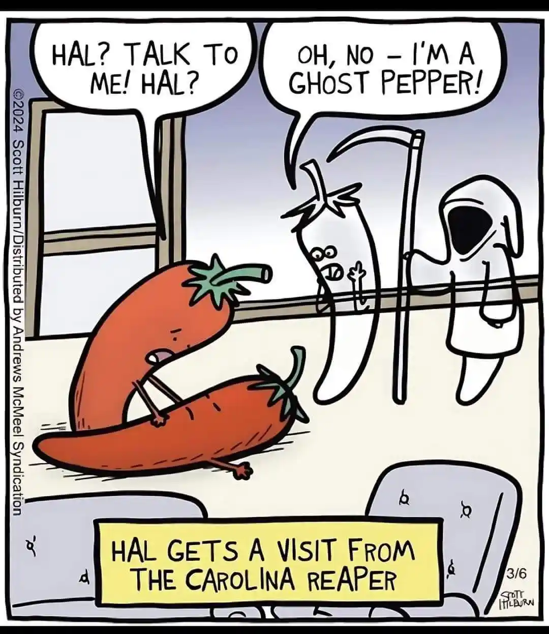 A cartoon depicts a red pepper character named Hal, sitting on a couch and looking distressed as he calls out for 'Hal'. At…