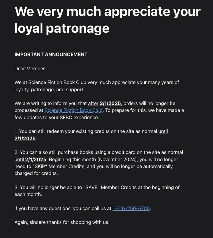 A black-background email screenshot from 'Science Fiction Book Club' with white text announcing the closure of their service…