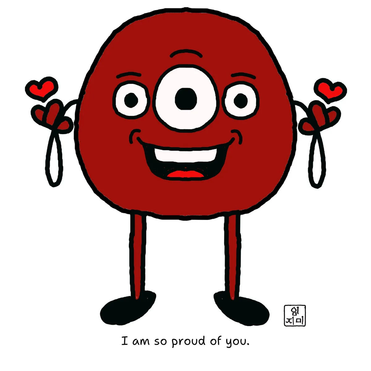 A cartoon red circle character with three eyes, a wide smile, and heart-shaped hands raised in celebration, with the text 'I…
