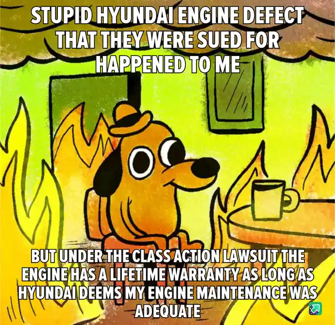 A cartoon dog wearing a hat sits calmly in a room engulfed in flames, sipping from a mug on a table. The text overlaid on…