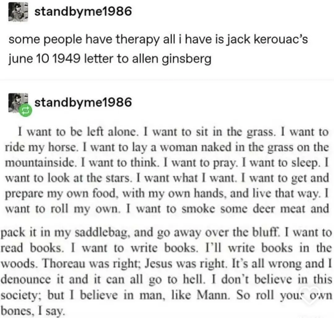 The image displays a screenshot of a social media post by 'standbyme1986' showing a lengthy excerpt from Jack Kerouac's June…