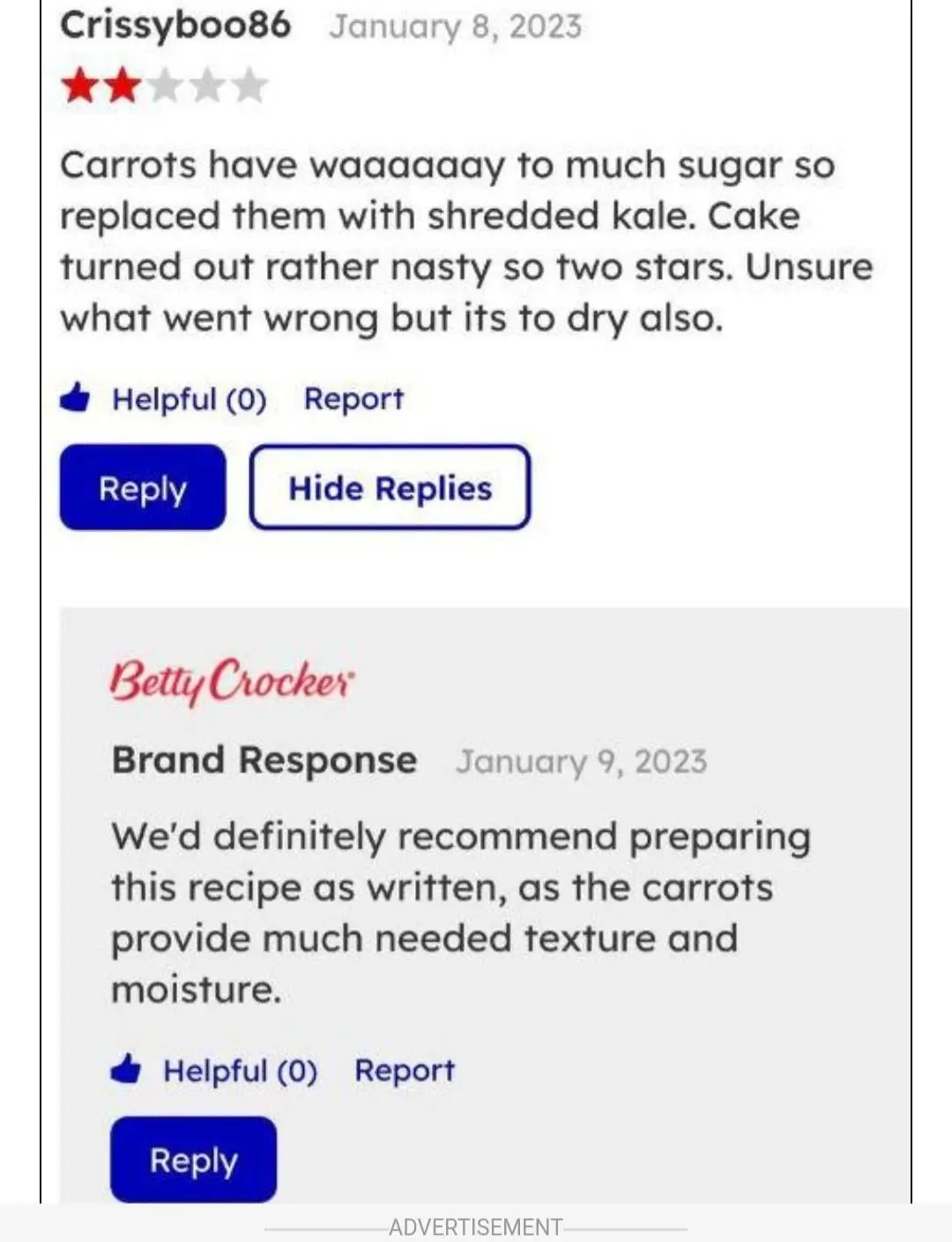 A screenshot of a customer review and Betty Crocker's brand response on a product page. The customer, Crissyboo86, gave two…