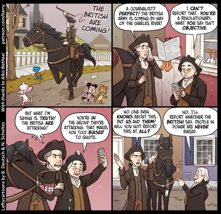 A four-panel comic strip depicts colonial-era characters reacting to a British army approaching. A rider shouts 'THE BRITISH…