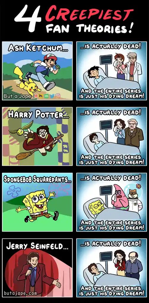 This meme presents four panels, each featuring a pop culture character—Ash Ketchum, Harry Potter, SpongeBob SquarePants, and…