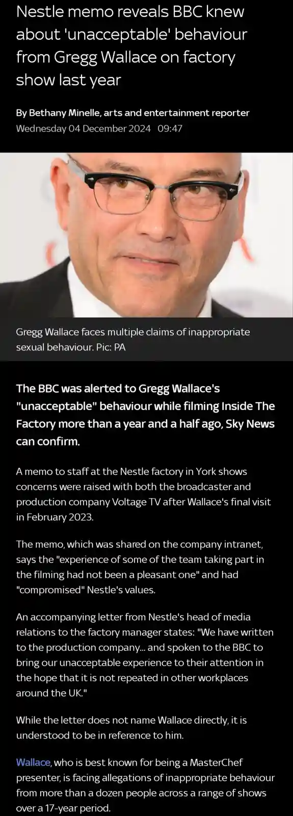 The image displays a screenshot of a news article about Gregg Wallace, featuring his photo and text detailing a Nestle memo…