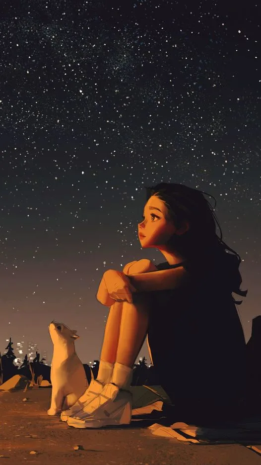 A stylized illustration shows a young girl sitting on the ground at night, gazing up at a starry sky, with a small white dog…