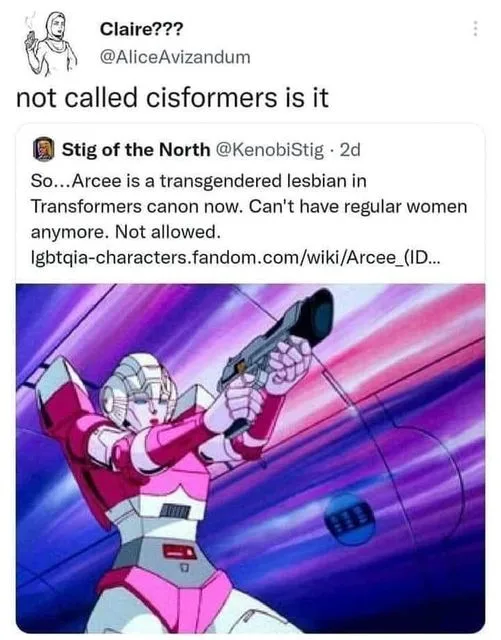 A screenshot of a Twitter thread where user Claire??? responds to a tweet by Stig of the North about Arcee being canonically…