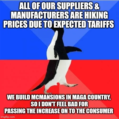 A penguin stands centered against a blue and red background, with white text overlaid in two sections. The top text reads…