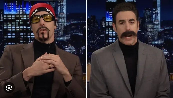 The image is a split-screen showing actor Tom Cruise on the left wearing a red 'Tom Cruise' cap, yellow-tinted glasses, and…