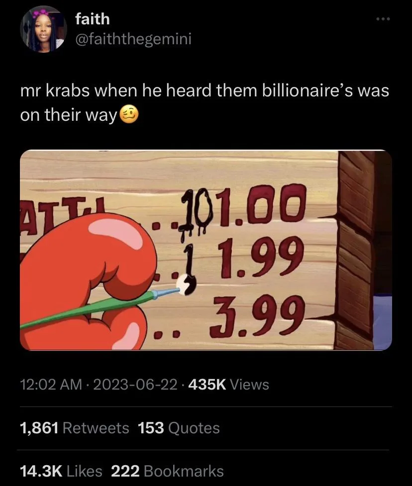 A still from SpongeBob SquarePants shows Mr. Krabs, a red crab, using a paintbrush to change a price on a wooden sign from…