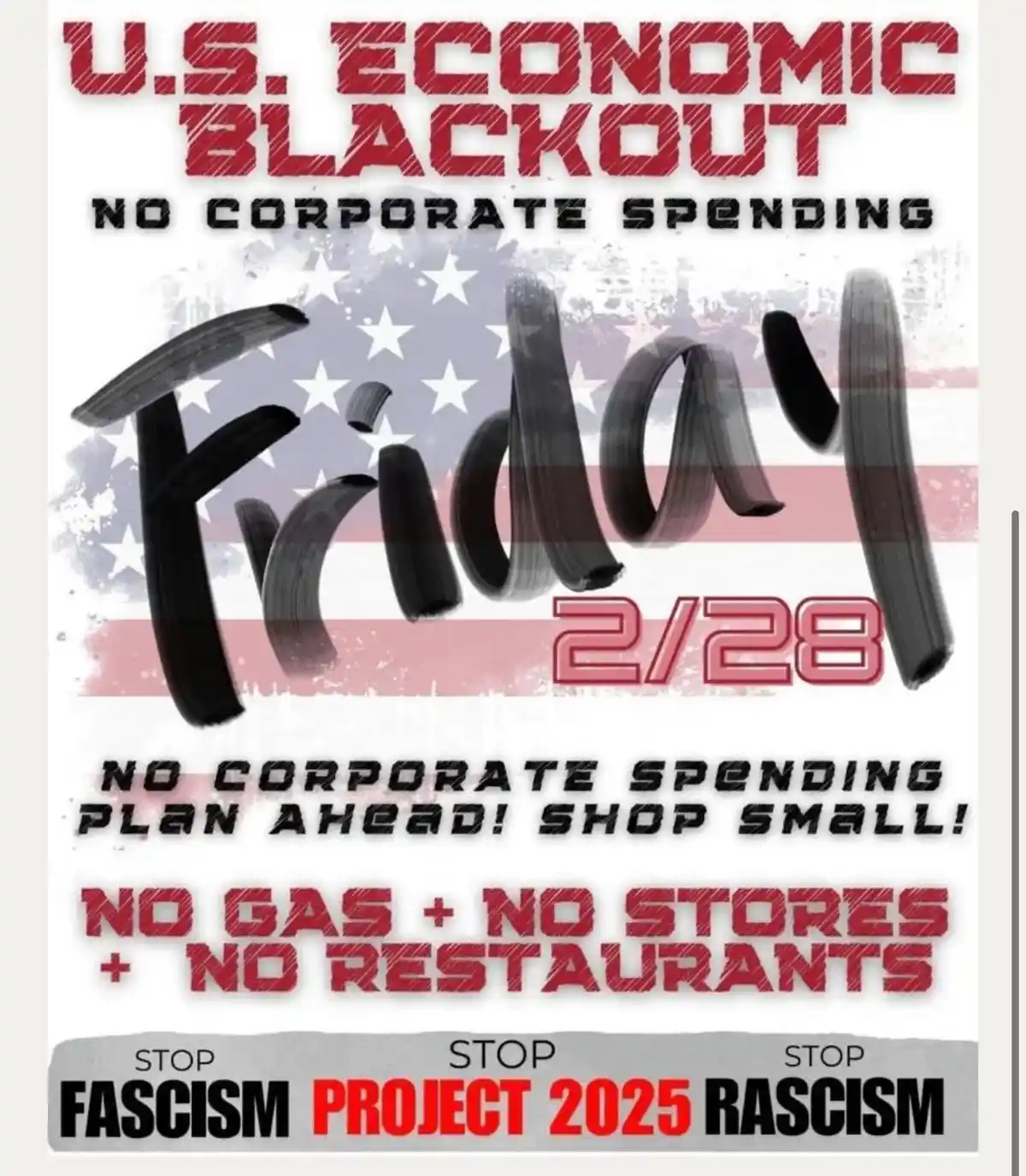A poster styled like a protest flyer with an American flag background, announcing a 'U.S. Economic Blackout' on Friday…