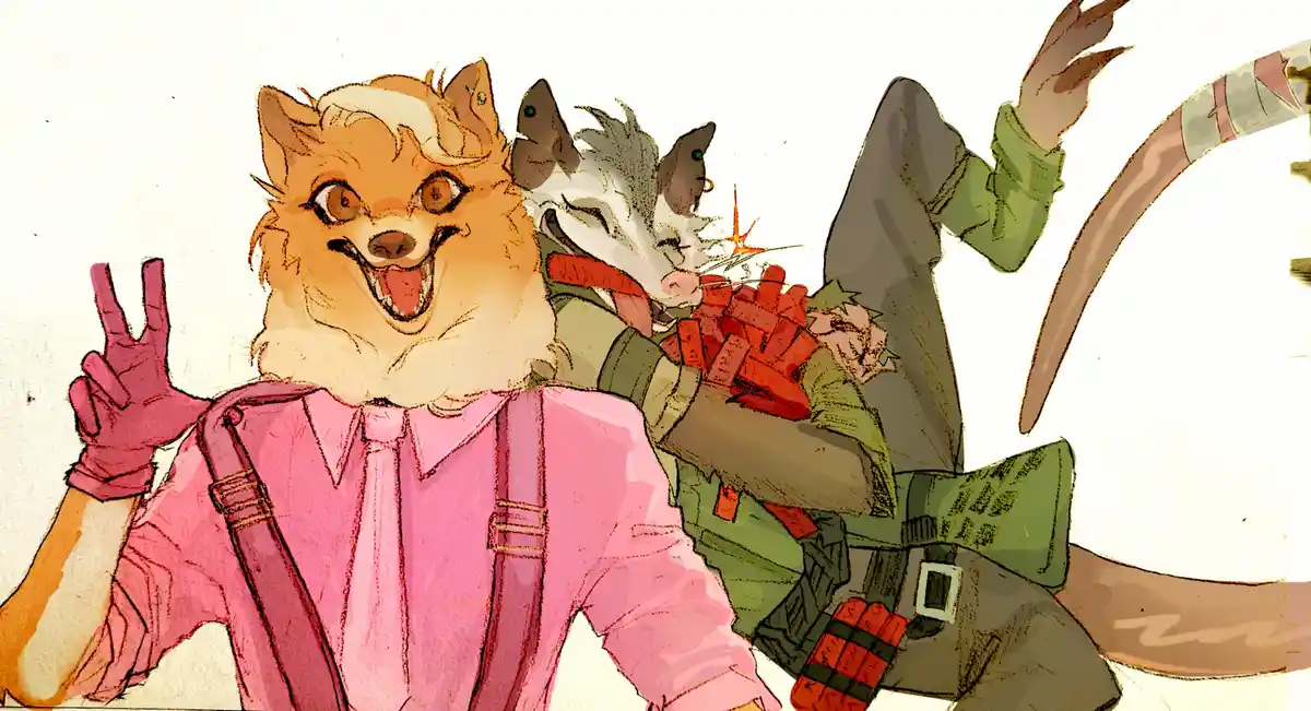 An anthropomorphic fox in a pink shirt and suspenders makes a peace sign while smiling broadly, with a white-and-gray…