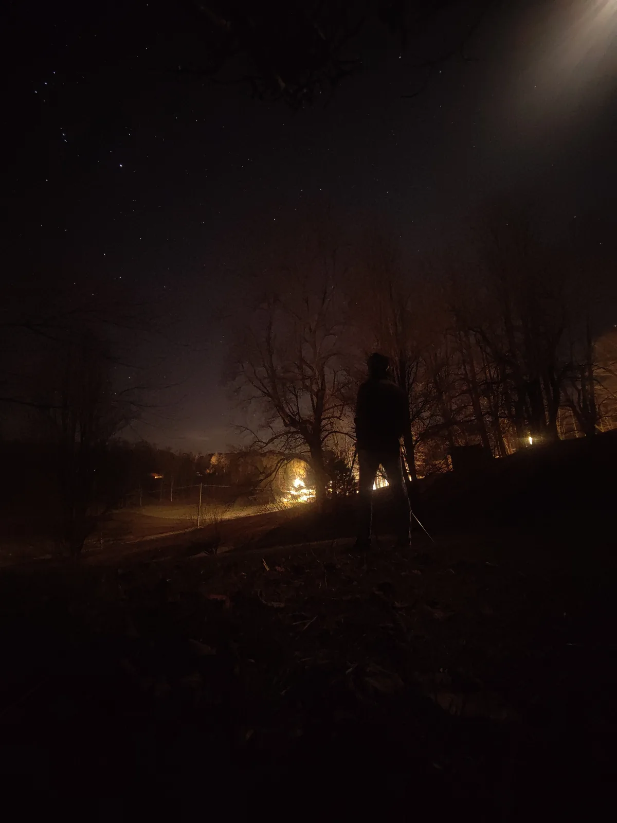 A person stands in silhouette at night outdoors, facing away from the camera toward distant lights under a starry sky. Bare…