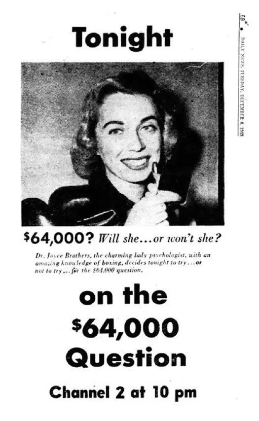 A vintage black-and-white newspaper advertisement for the TV show 'The $64,000 Question,' featuring a smiling woman holding…