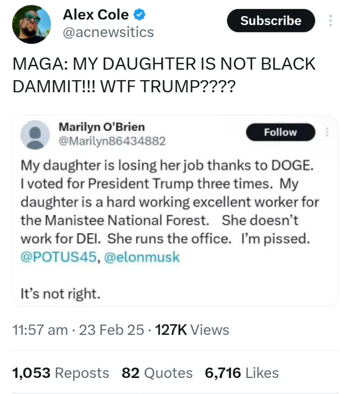 The image shows a screenshot of a Twitter post by user Marilyn O'Brien, who claims her daughter lost her job due to 'DOGE'…