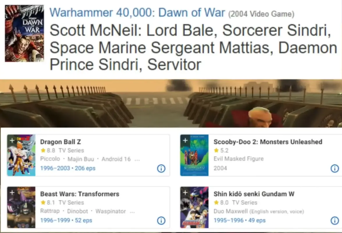 A screenshot of a video game credits page for 'Warhammer 40,000: Dawn of War' lists actor Scott McNeil and his many roles…