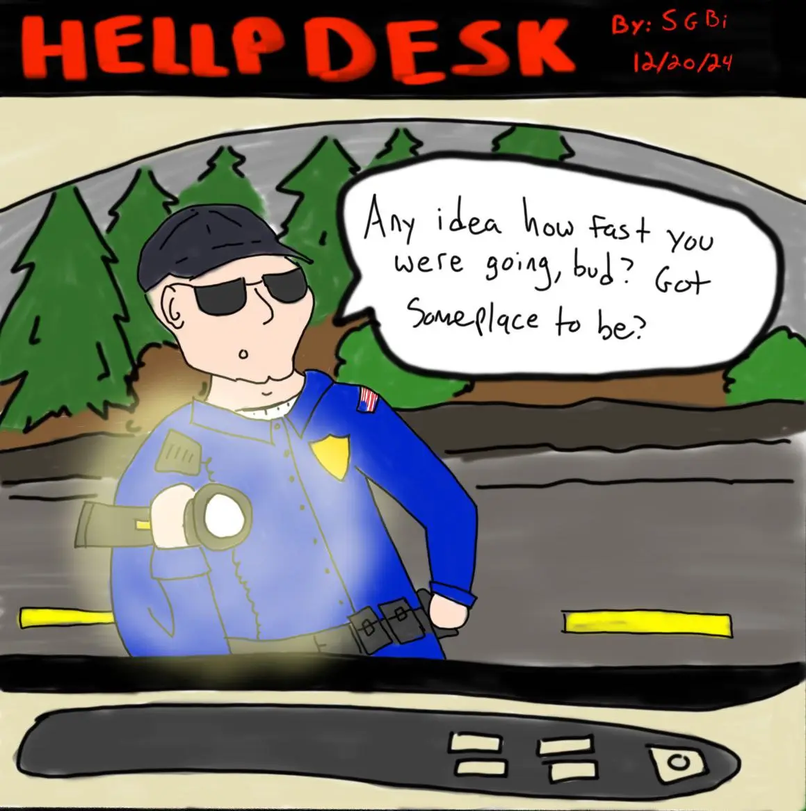 A cartoon police officer in a blue uniform and sunglasses stands beside a road, holding a flashlight, with a speech bubble…