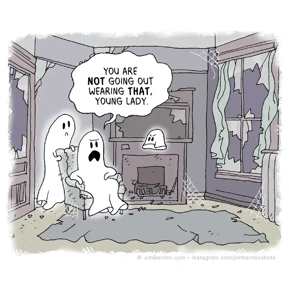 In a dilapidated, cobweb-filled room with broken windows and a fireplace, three cartoon ghosts are present. One ghost…