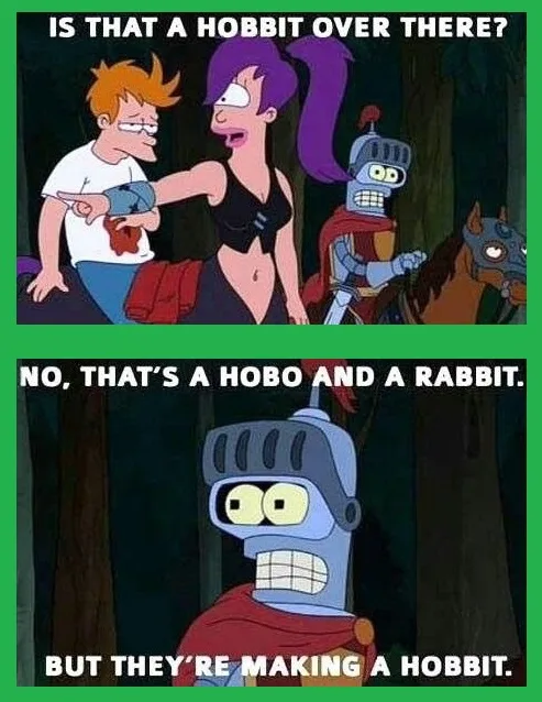 The top panel shows two characters from Futurama, a woman with purple hair pointing at a robot and a horse, while a man with…