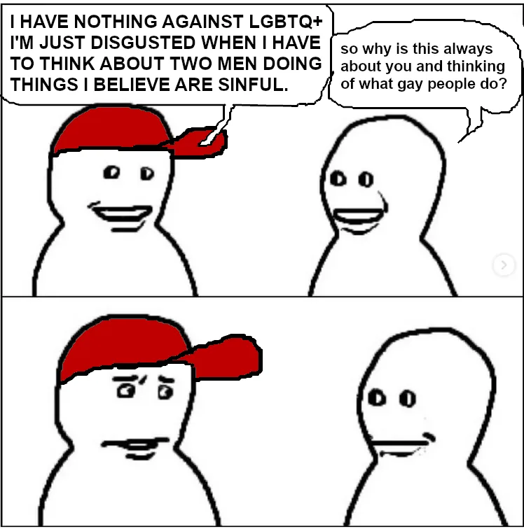Two stick-figure characters in a comic strip. The top panel shows one character with a red cap saying they have no issue…