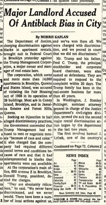 A newspaper clipping from the 1970s shows a headline about a lawsuit against the Trump Management Corporation for alleged…