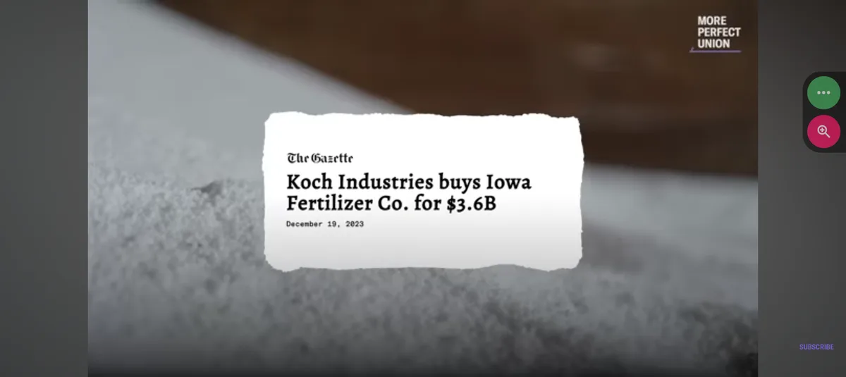 A newspaper clipping from 'The Gazette' dated December 19, 2023, announcing Koch Industries' $3.6 billion acquisition of…
