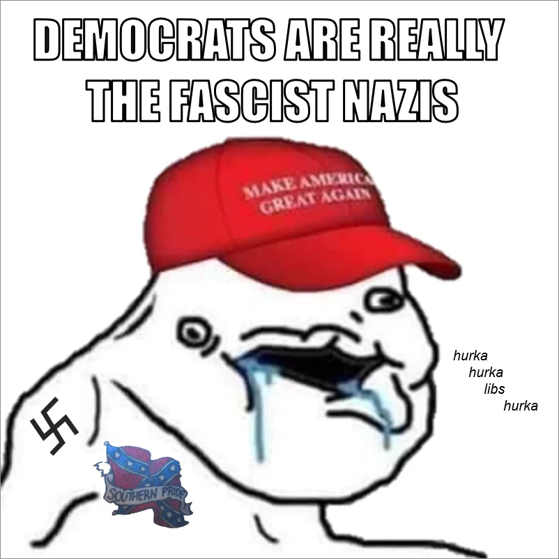 A crudely drawn white cartoon figure with exaggerated facial features, wearing a red 'MAKE AMERICA GREAT AGAIN' cap, has…