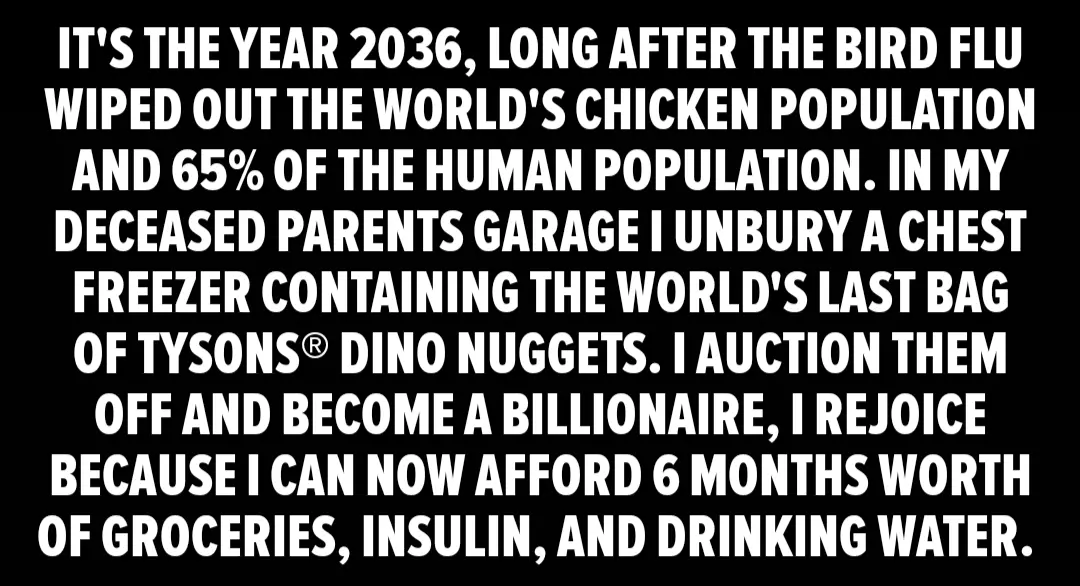 A black background with large white text describing a fictional scenario where, in the year 2036, a person unearths the last…