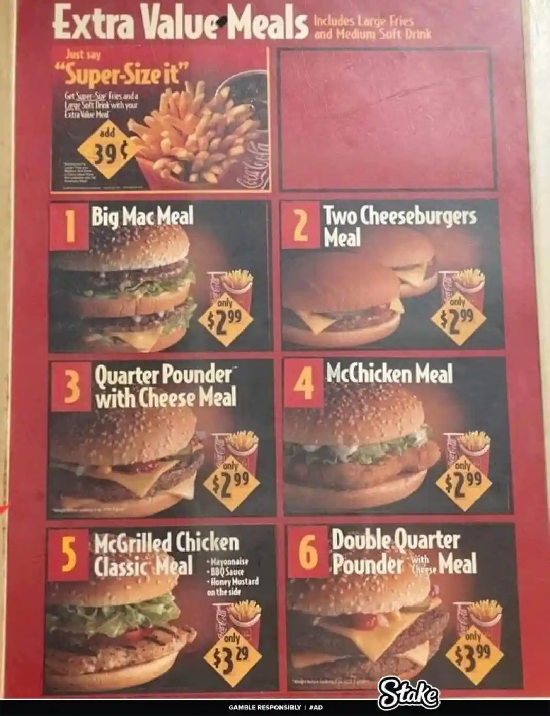 A McDonald's menu page titled 'Extra Value Meals' shows six meal options with prices, each featuring a burger and fries. The…