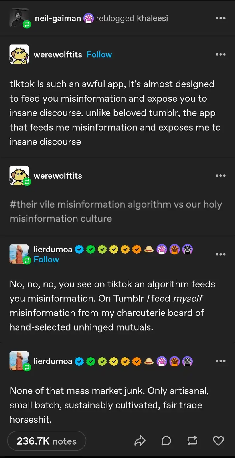 A Tumblr post screenshot shows a user complaining that TikTok is designed to feed misinformation, contrasting it with…