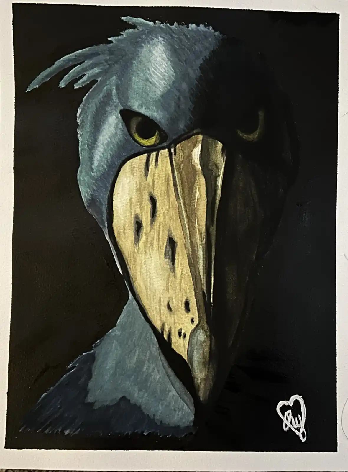 A watercolor painting depicts a bird with dark blue-grey feathers and piercing yellow eyes, but its beak is replaced with a…