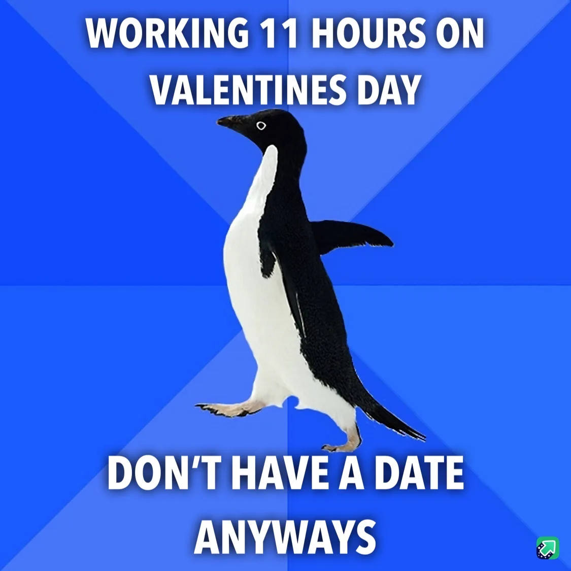 A black-and-white penguin stands against a blue geometric background. White bold text at the top reads 'WORKING 11 HOURS ON…