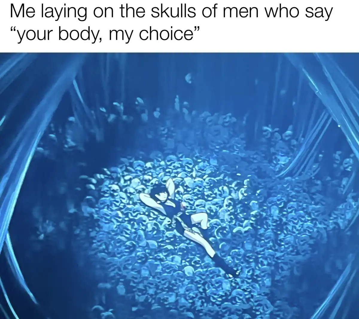 An anime-style image shows a person lying calmly on a bed of human skulls in a dark, blue-lit, tunnel-like space. The…