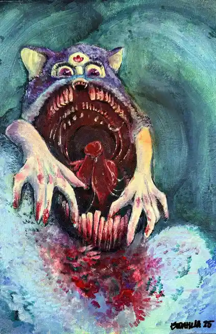 A painting of a purple, cat-like monster with large eyes and pointed ears, screaming with its mouth wide open to reveal rows…