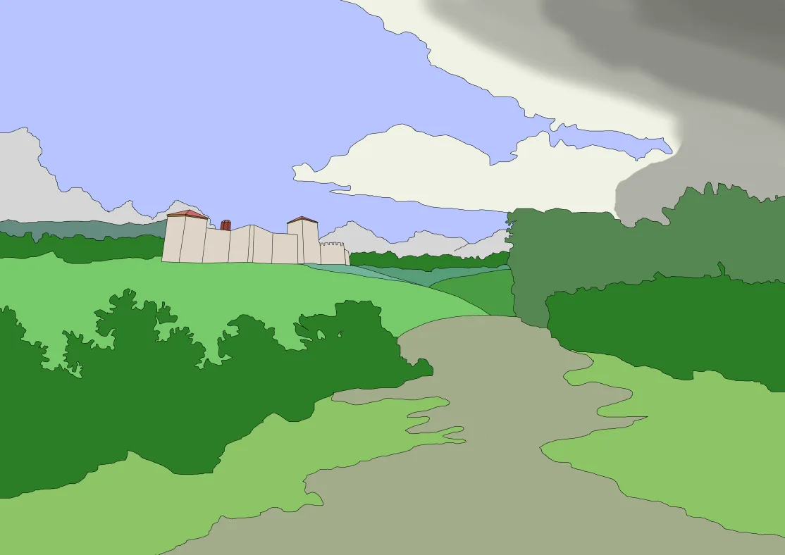 A stylized, low-resolution map shows a small beige castle-like structure with red roofs situated on a green hill, surrounded…