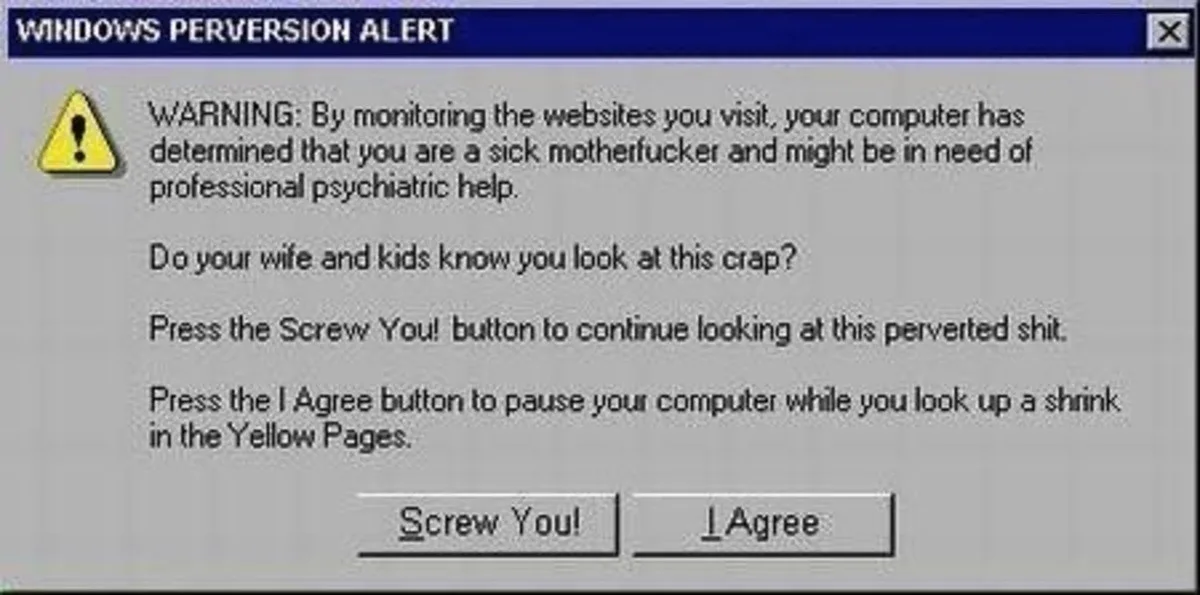 A fake Windows alert window with a yellow warning triangle, displaying crude, humorous text accusing the user of being a…