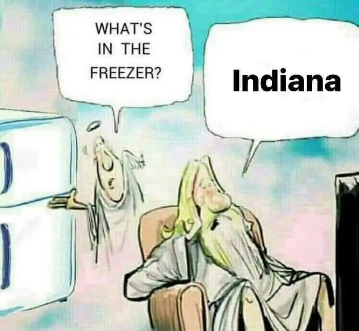 A cartoon depicts a person opening a freezer while another person lounges in a chair. The person opening the freezer asks…