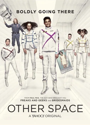 A promotional poster for the TV show 'Other Space' features six actors in white astronaut suits floating in a futuristic…