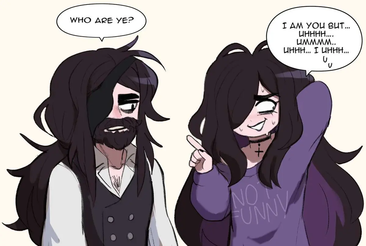Two anime-style characters face each other. The left character, with long dark hair and a beard, asks 'WHO ARE YE?' The…