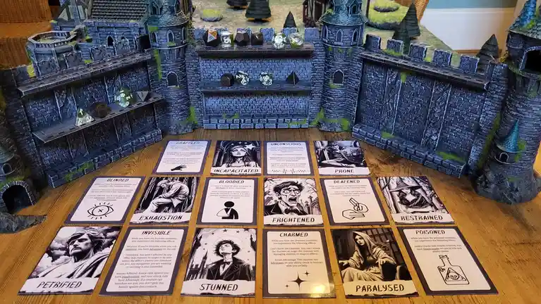 A collection of D&D condition cards like 'Blinded', 'Exhaustion', 'Frightened', and 'Paralyzed' are laid out on a wooden…