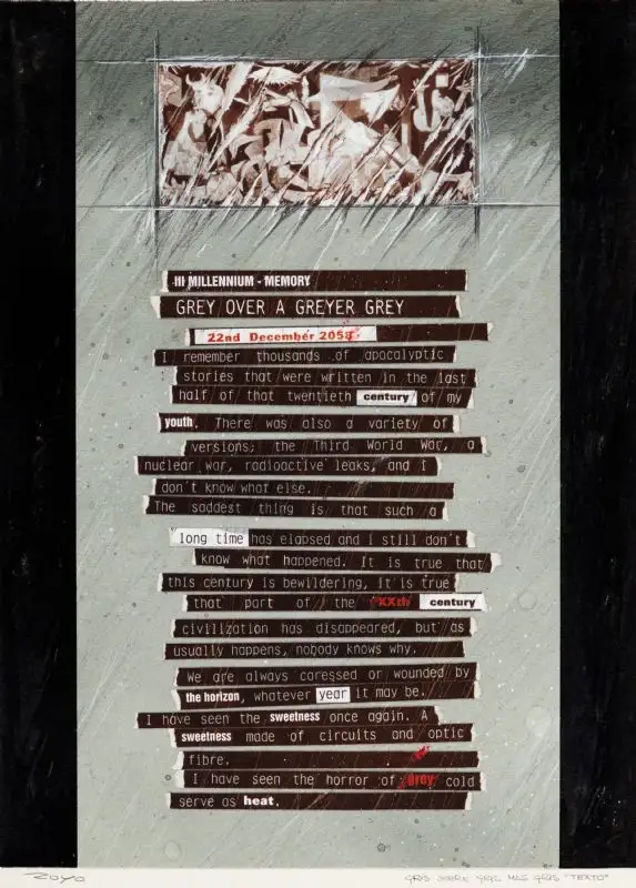 A collage-style image with a textured, grey background and a torn, fragmented photo at the top. Overlaid text in a…
