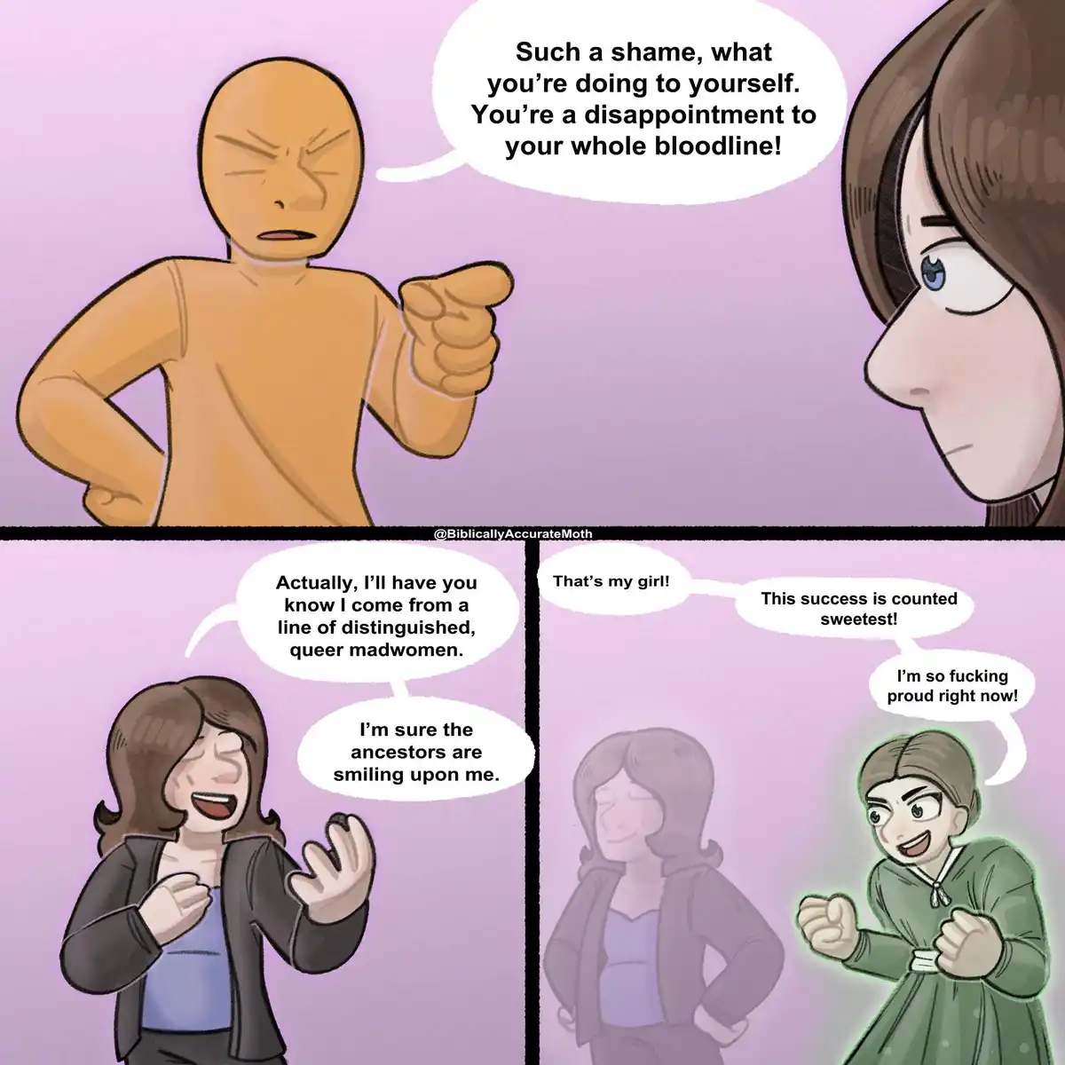 A comic strip shows a bald man scolding a woman, calling her a disappointment to her bloodline. She responds by proudly…