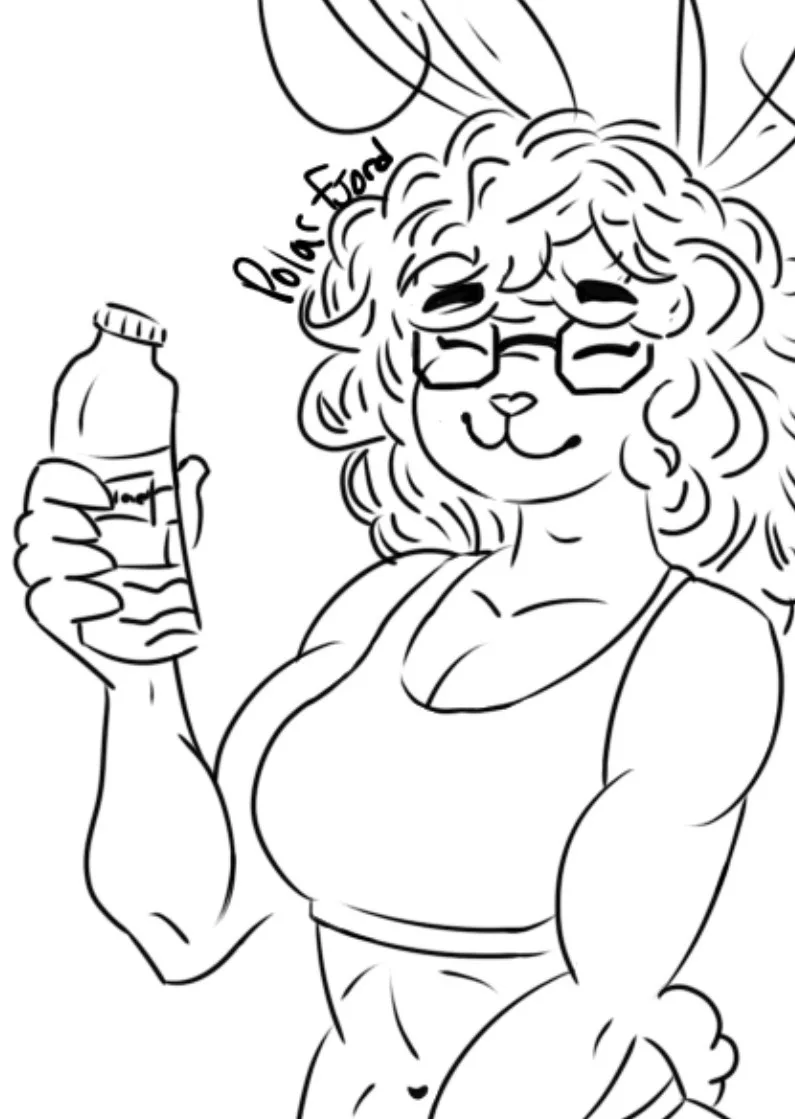 A black-and-white line drawing of a muscular anthropomorphic rabbit with curly hair, glasses, and bunny ears, wearing a tank…