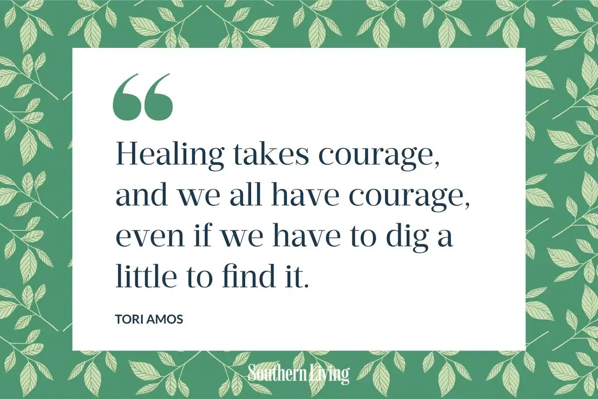A green background with a leaf pattern frames a white text box containing a quote by Tori Amos: 'Healing takes courage, and…