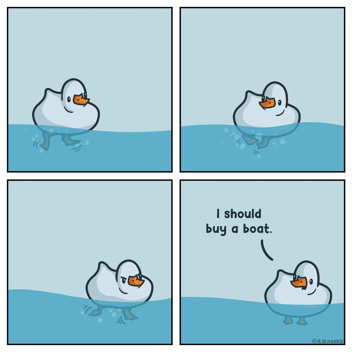 A four-panel comic shows a cartoon duck swimming happily in water, then suddenly sinking underwater, then resurfacing with a…