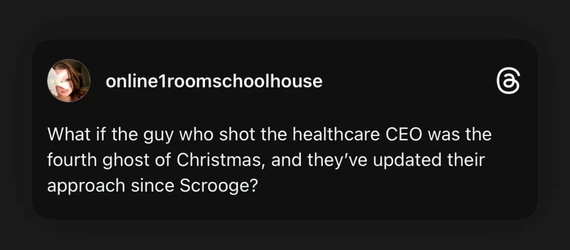 A screenshot of a dark-mode social media post from the account 'online1roomschoolhouse' featuring white text on a black…