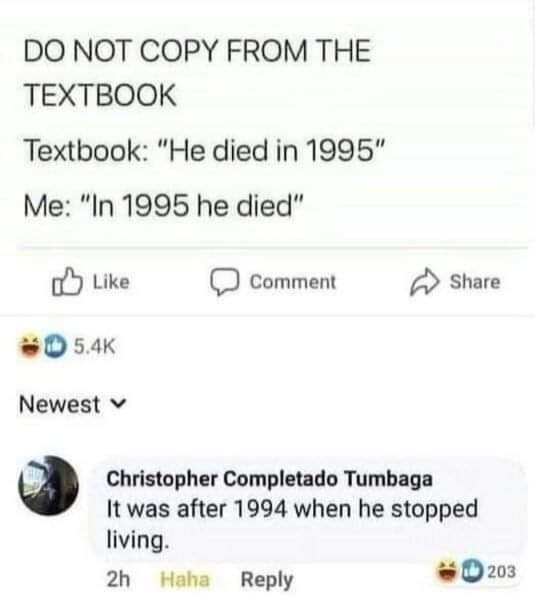 A screenshot of a Facebook comment thread where the top comment sarcastically mocks copying textbook phrasing, showing the…